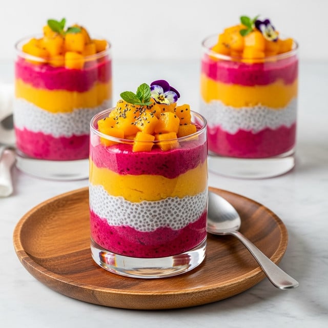 The image shows three clear glasses filled with a colorful layered dessert placed on a white marbled surface. Each glass contains five distinct layers: the bottom layer is bright pink with small black seeds, the second layer is thick white with chia seeds, the third layer is a smooth bright orange, the fourth layer is another thick bright pink section with black seeds, and the dessert is topped with chunky bright orange fruit pieces, garnished with a small green herb and a small purple flower. The closest glass sits on a round wooden plate with a silver spoon next to it. Photo taken with an iphone --ar 4:5 --v 7