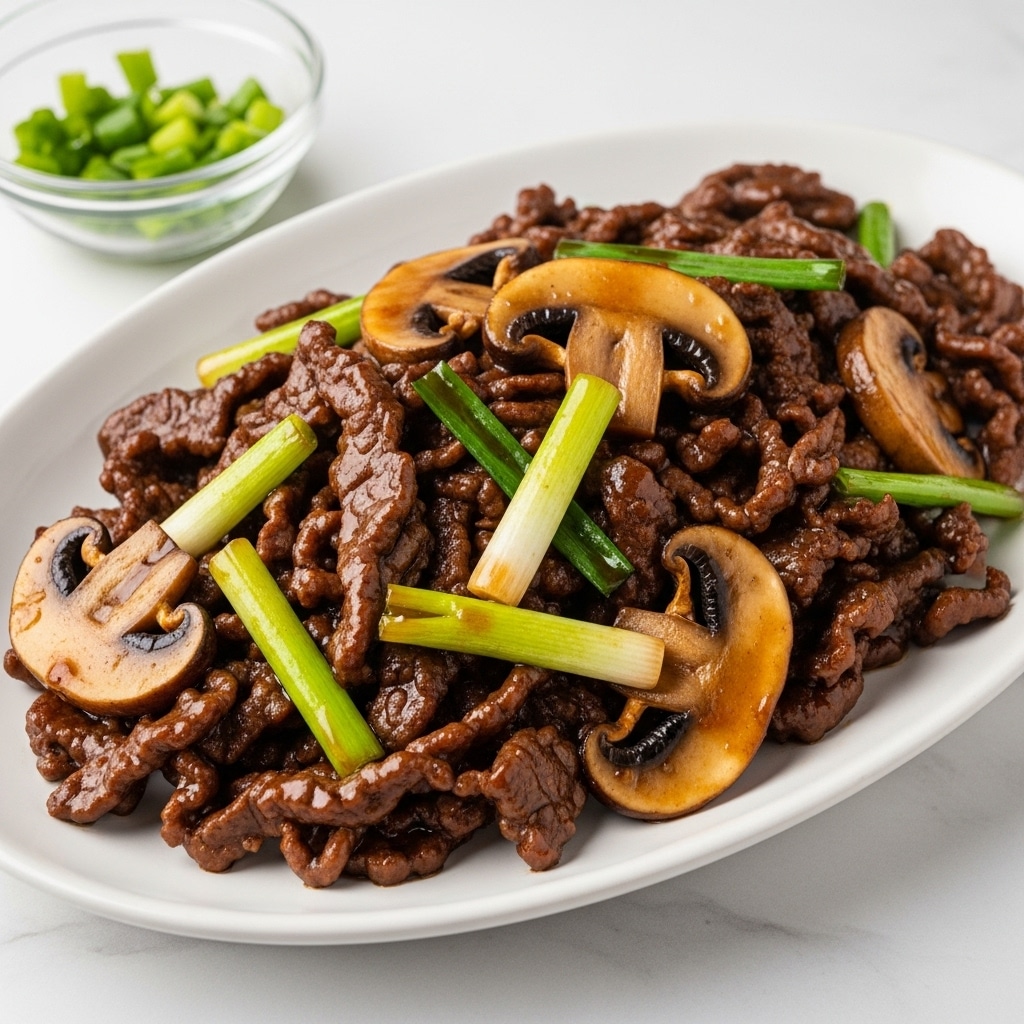 A bowl with a blue and white pattern contains a layer of fluffy white rice at the bottom, topped with a rich, glossy dark brown sauce covering pieces of beef, green onion stalks, and sliced mushrooms. A pair of brown chopsticks held by a woman's hand lifts a saucy slice of beef above the bowl. The background surface has a white marbled texture, and a blurred glass bowl with green garnish can be seen in the distance. photo taken with an iphone --ar 4:5 --v 7
