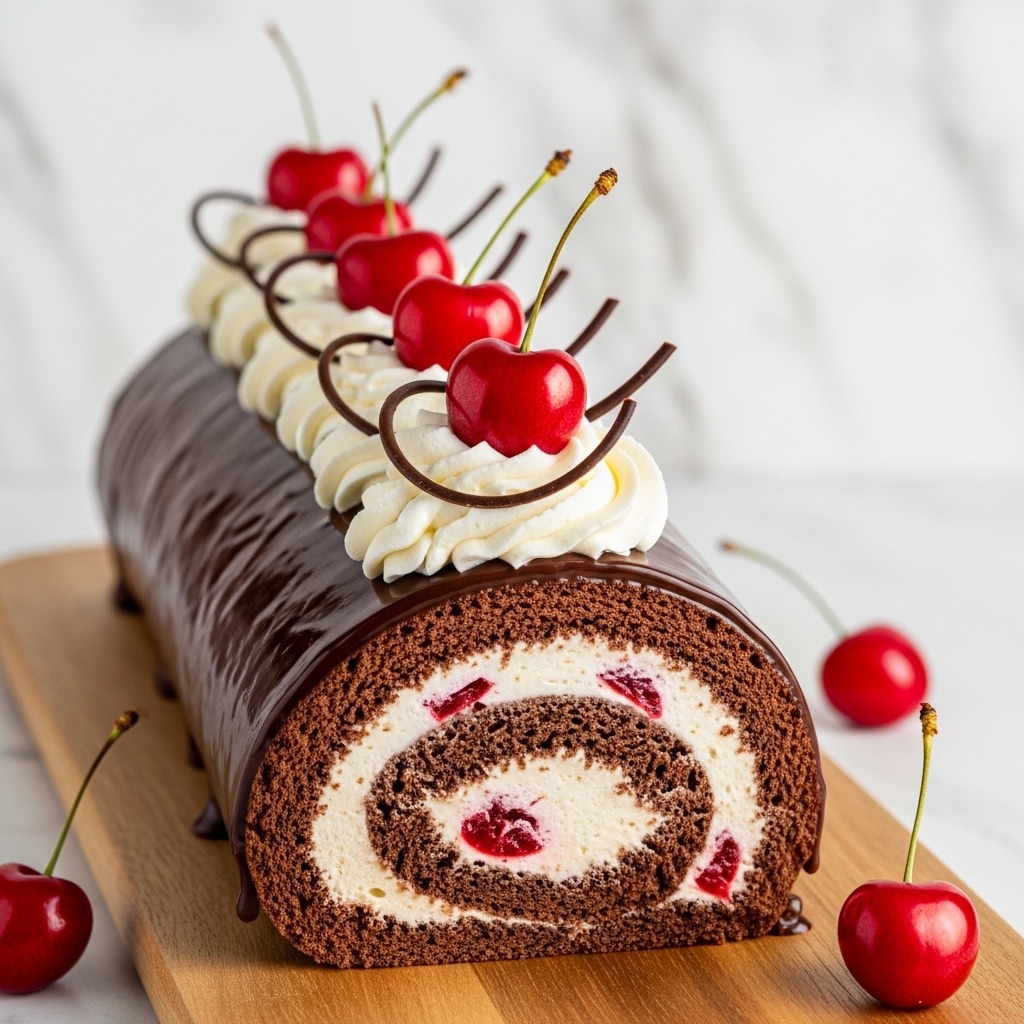 The image shows a chocolate roll cake with three main layers: a dark brown chocolate sponge cake rolled tightly with a thick, creamy white filling that has small red cherry bits inside. The outside of the cake is coated with a shiny chocolate glaze, decorated on top with swirls of white whipped cream, bright red cherries with stems, and delicate dark chocolate curls. The cake is placed on a wooden board with a few loose cherries around it, set against a white marbled texture background. photo taken with an iphone --ar 4:5 --v 7