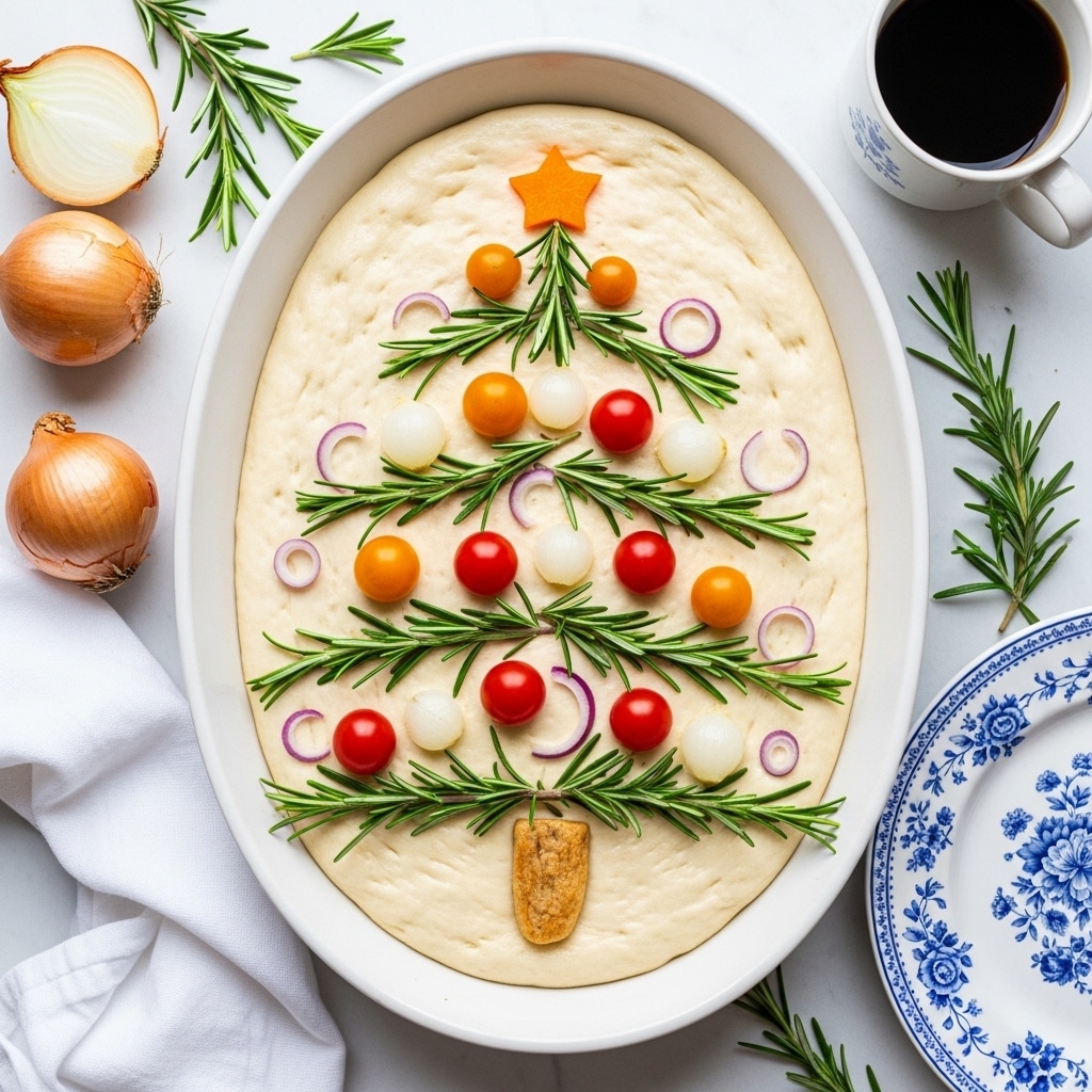 An oval white baking dish holds a thick layer of pale dough as the base, decorated creatively to look like a Christmas tree. Several sprigs of fresh green rosemary form the tree shape, starting with a single bunch at the bottom center that fans out upwards. White pearl onions and small round cherry tomatoes in red, orange, and yellow colors are placed evenly across the dough to represent tree ornaments. Thin slices of red onion are scattered lightly for extra texture. At the top of the tree is a small, star-shaped piece of light orange vegetable, and a round, light brown piece at the bottom acts as the tree trunk. The dish rests on a white marbled surface with scattered rosemary sprigs, onions, a white cloth, a white mug of coffee, and a white plate with blue floral designs nearby. photo taken with an iphone --ar 4:5 --v 7