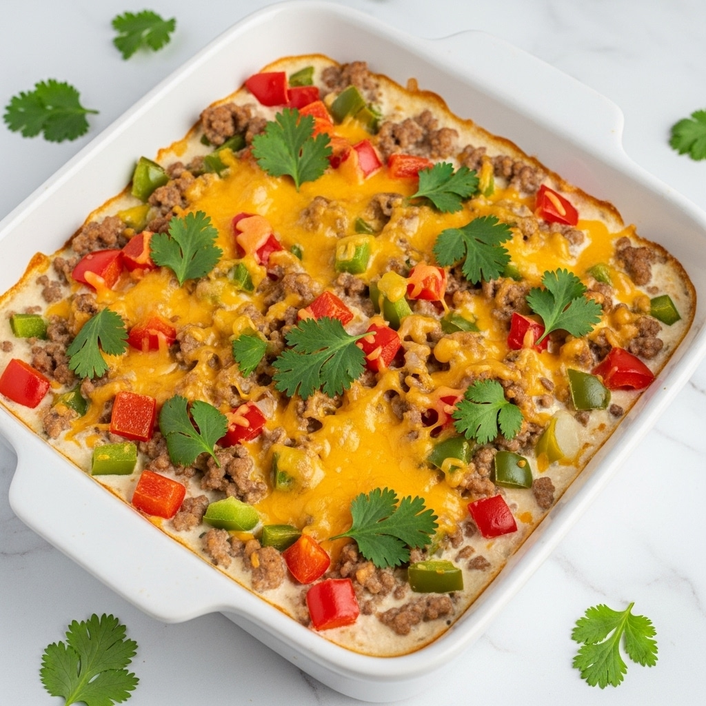 The dish in the white square ceramic baking dish has a creamy base layer mixed with browned ground meat, topped with chopped red bell peppers and green peppers. There is a bright mix of melted yellow cheese and fresh green cilantro leaves scattered evenly on the top, adding pops of color and freshness. The texture looks soft and rich, with oily melted cheese blending with the creamy sauce and chunks of meat and vegetables visible throughout. The dish sits on a white marbled surface with some scattered cilantro leaves around. Photo taken with an iphone --ar 4:5 --v 7