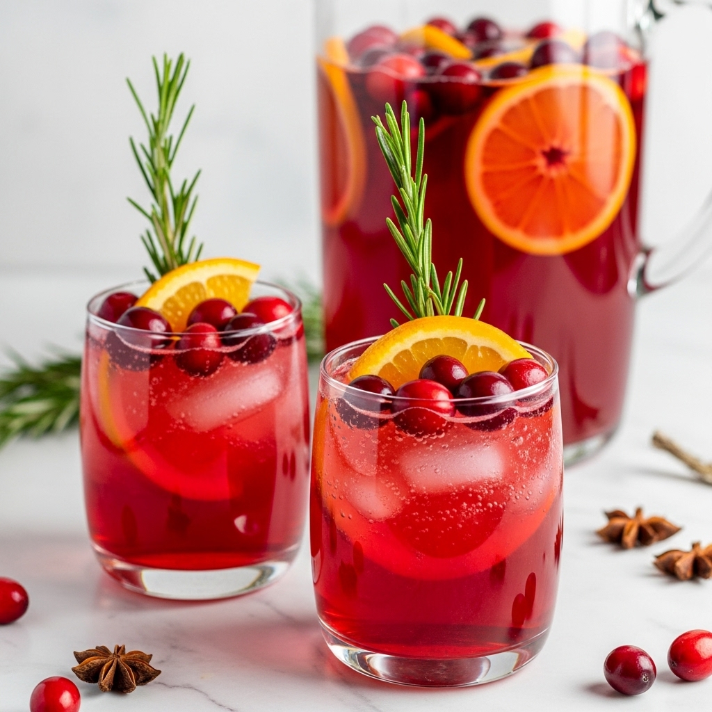 The image shows two clear glasses and one large clear pitcher filled with a bright red drink. Each glass has layers starting with a deep red liquid at the bottom, a lighter red with bubbles and ice cubes in the middle, and fresh red cranberries floating on top. A thin slice of orange is inside each glass, leaning against the sides. Both glasses are garnished with a green rosemary sprig standing up in the center. The large pitcher behind holds the same red drink with floating cranberries and orange slices. The scene is set on a white marbled surface with a few star anise and loose cranberries scattered around. Photo taken with an iphone --ar 4:5 --v 7