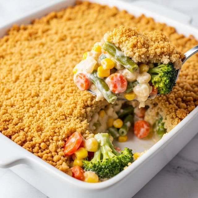 A close-up of a white rectangular dish filled with a creamy vegetable casserole topped with a thick, golden-brown crispy layer of crushed crackers. The casserole has visible pieces of broccoli, corn, diced carrots, and green beans mixed in a creamy, cheesy sauce. A spoon is lifting a scoop from the dish, showing the soft, creamy inside with colorful vegetables contrasted against the crunchy top layer. The dish sits on a white marbled textured surface. photo taken with an iphone --ar 4:5 --v 7