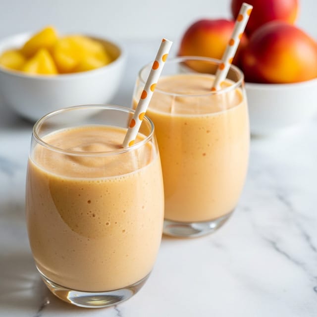 Two clear glasses are filled with a smooth, light orange smoothie, each topped with a white paper straw that has orange dots. The smoothies have a creamy, slightly frothy texture. The glasses sit on a white marbled surface with two small white bowls softly blurred in the background, one bowl full of yellow fruit chunks and the other with whole peaches or nectarines. The scene is bright and fresh with soft natural light. Photo taken with an iphone --ar 4:5 --v 7
