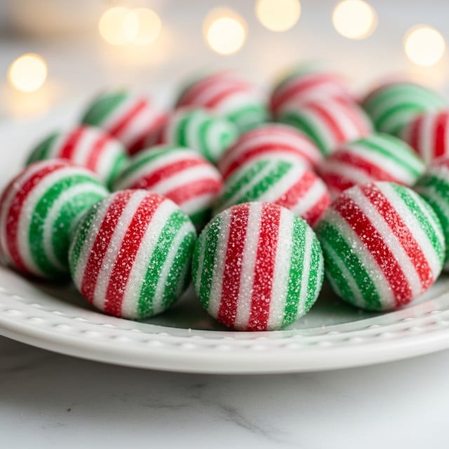 This image shows shiny round candies with swirled stripes of red, green, and white, all covered with a sparkling dust. The candies are smooth and glossy, sitting closely together on a white plate with a gently curved rim. The background is softly blurred with warm glowing lights, and the surface under the plate is white with a marbled look. The colors and sparkles give a festive, holiday feel. photo taken with an iphone --ar 4:5 --v 7