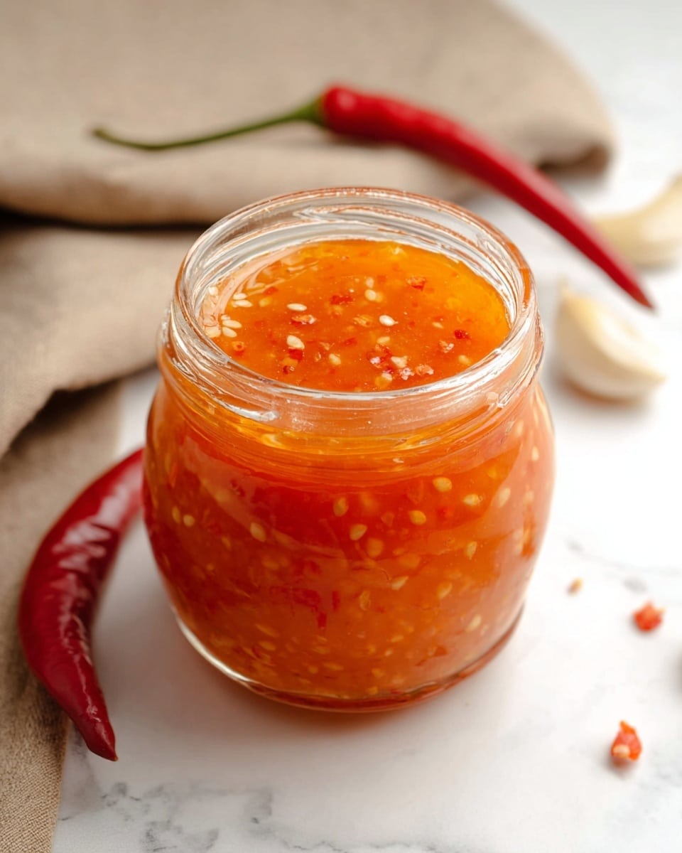 A clear glass jar filled with bright orange chili sauce showing small bits of chili and seeds suspended in a thick, glossy texture, the jar sits on a white marbled surface with a red chili and some garlic cloves in the blurred background, and a beige linen cloth casually folded nearby. photo taken with an iphone --ar 4:5 --v 7