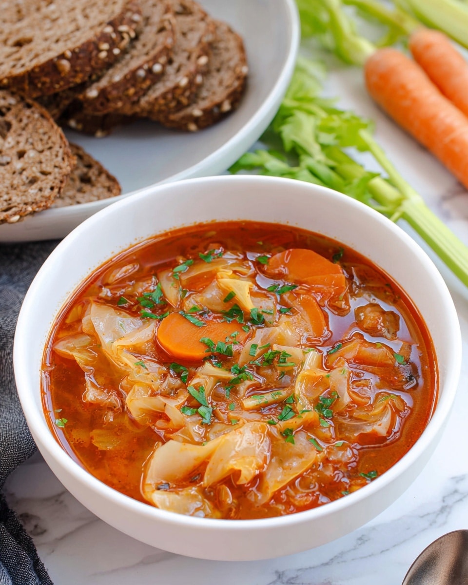A white bowl filled with a rich, red-orange broth soup containing visible pieces of soft, translucent cabbage and bright orange carrot slices, garnished with small, chopped green herbs scattered on top; in the background, there are several dark slices of whole grain bread with visible seeds and a few fresh green celery stalks on a white marbled surface, along with a carrot positioned nearby; photo taken with an iphone --ar 4:5 --v 7