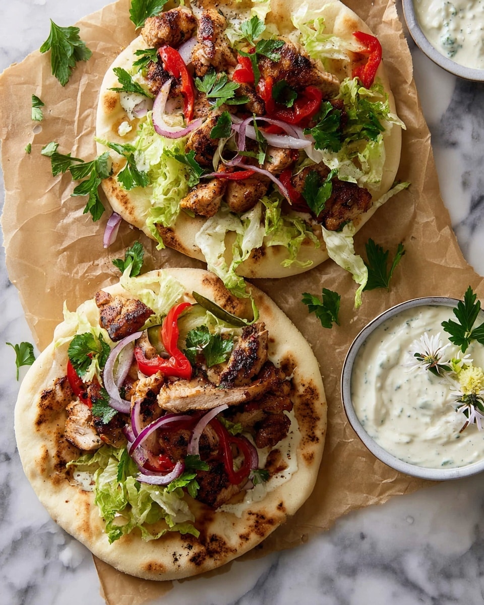 Two pieces of flatbread are placed on a white marbled surface with brown parchment paper underneath. Each flatbread is topped with a layer of grilled chicken pieces that have a light brown color with char marks, followed by sliced red bell peppers and red onion rings scattered unevenly. On top of these, there is shredded green lettuce and fresh green parsley leaves adding a fresh look. To the side, there are two white bowls filled with creamy white sauces, one topped with a small sprig of parsley and the other with a small white flower, adding to the fresh and vibrant presentation. photo taken with an iphone --ar 4:5 --v 7