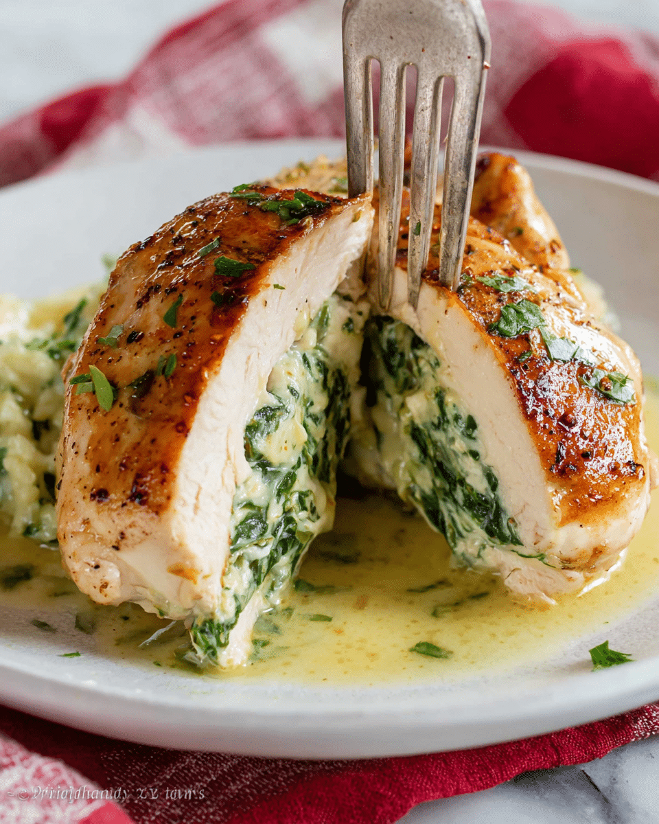 A black cast iron skillet holds three golden brown, seasoned chicken breasts with a slightly crispy texture on top. Each chicken breast is placed on a creamy layer of spinach and melted cheese mixture that shows a soft, green and white texture beneath the chicken. The skillet sits on a red and white checked cloth over a white marbled surface. The juicy chicken rests in a light brown sauce pooling around the creamy spinach base. photo taken with an iphone --ar 4:5 --v 7