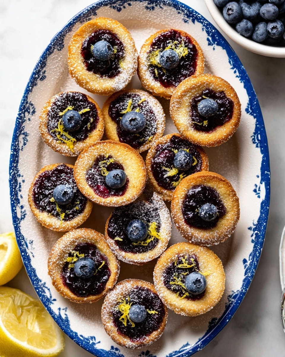 The image shows a white oval plate with a blue rim holding twelve small round lemon cakes. Each cake has a golden brown outer layer with a soft texture and a deep purple glossy blueberry jam layer in the center. On top of the jam, there are two or three fresh blueberries and a sprinkle of fine powdered sugar and small pieces of lemon zest. Around the plate, there is a white marbled surface with scattered fresh blueberries, two lemon halves, a white square bowl filled with blueberries, and a napkin with a blue and green leaf pattern under the plate. Photo taken with an iphone --ar 4:5 --v 7