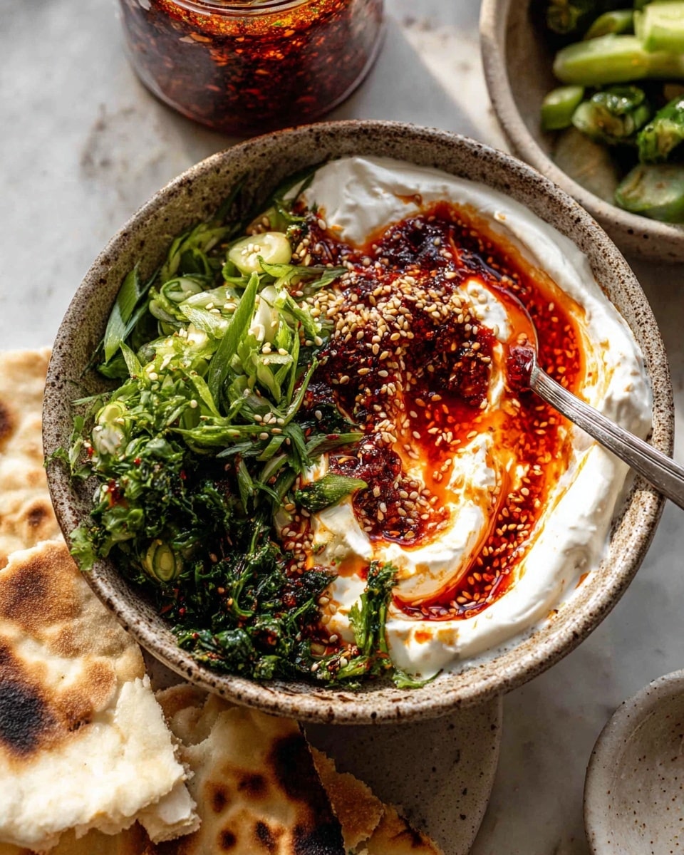 A gray bowl holds a layered dip with three main sections: on the left, fresh green herbs and sliced green onions mixed with small cucumber pieces and sprinkled with sesame seeds; in the center and right, a smooth creamy white yogurt or sour cream base swirled and topped with a bright red chili oil sauce scattered with toasted sesame seeds and spices; nearby, pieces of flatbread are placed around the bowl on a white marbled surface. Photo taken with an iphone --ar 4:5 --v 7