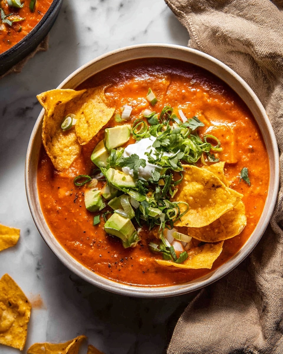 A white bowl filled with rich red-orange soup, topped with three crispy, curved yellow tortilla chips placed evenly around the edges. On top of the soup, there are chunky green avocado pieces, bright green sliced scallions, fresh cilantro leaves, small bits of shredded light orange cheese, and a dollop of white sour cream in the center. The soup has a creamy texture with visible pieces of shredded chicken inside. The bowl sits on a white marbled surface with tortilla chips scattered around and a light brown linen cloth partially visible nearby. Photo taken with an iphone --ar 4:5 --v 7