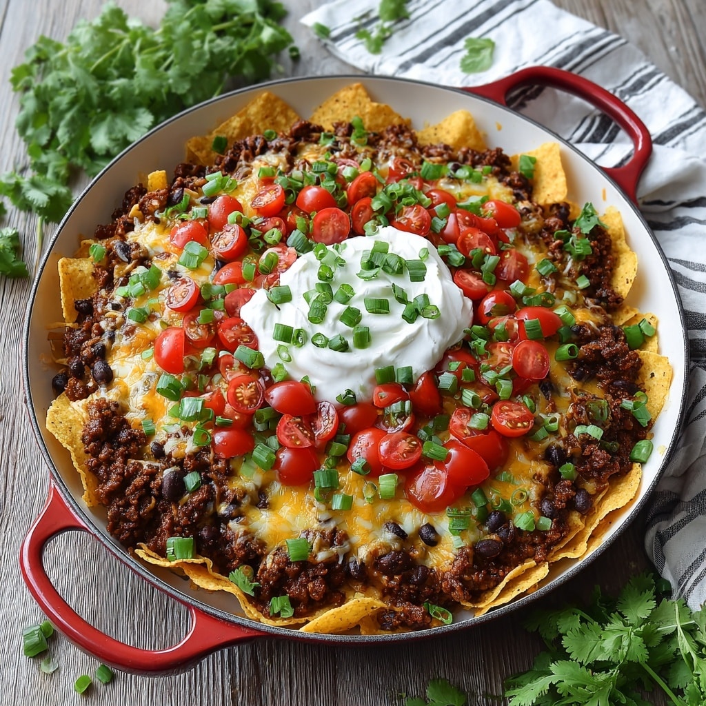 A large white pan filled with several layers starting from a base of cooked ground beef and black beans, topped with crispy orange-colored tortilla chips scattered unevenly. Over the chips, there is a melted blend of yellow and white cheese that covers most of the surface with gooey texture. Fresh, halved red cherry tomatoes and chopped green onions are sprinkled on top, adding bright color. In the center, there is a thick dollop of smooth white sour cream garnished with diced green onions and cherry tomato halves. The pan rests on a white marbled surface. photo taken with an iphone --ar 4:5 --v 7