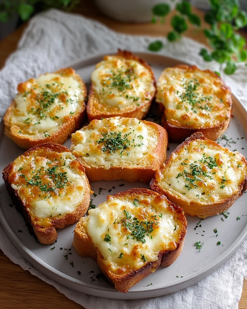 Seven pieces of toasted bread with melted cheese on top are arranged on a round white plate. Each piece has a golden brown crust with a creamy, bubbly layer of cheese that is slightly browned and textured. Small green herb sprinkles are scattered on the cheese, adding a fresh contrast. The plate rests on a light wooden surface with a white marbled texture and a soft cloth nearby. The scene is softly lit with a natural background of green leaves blurred out. photo taken with an iphone --ar 4:5 --v 7