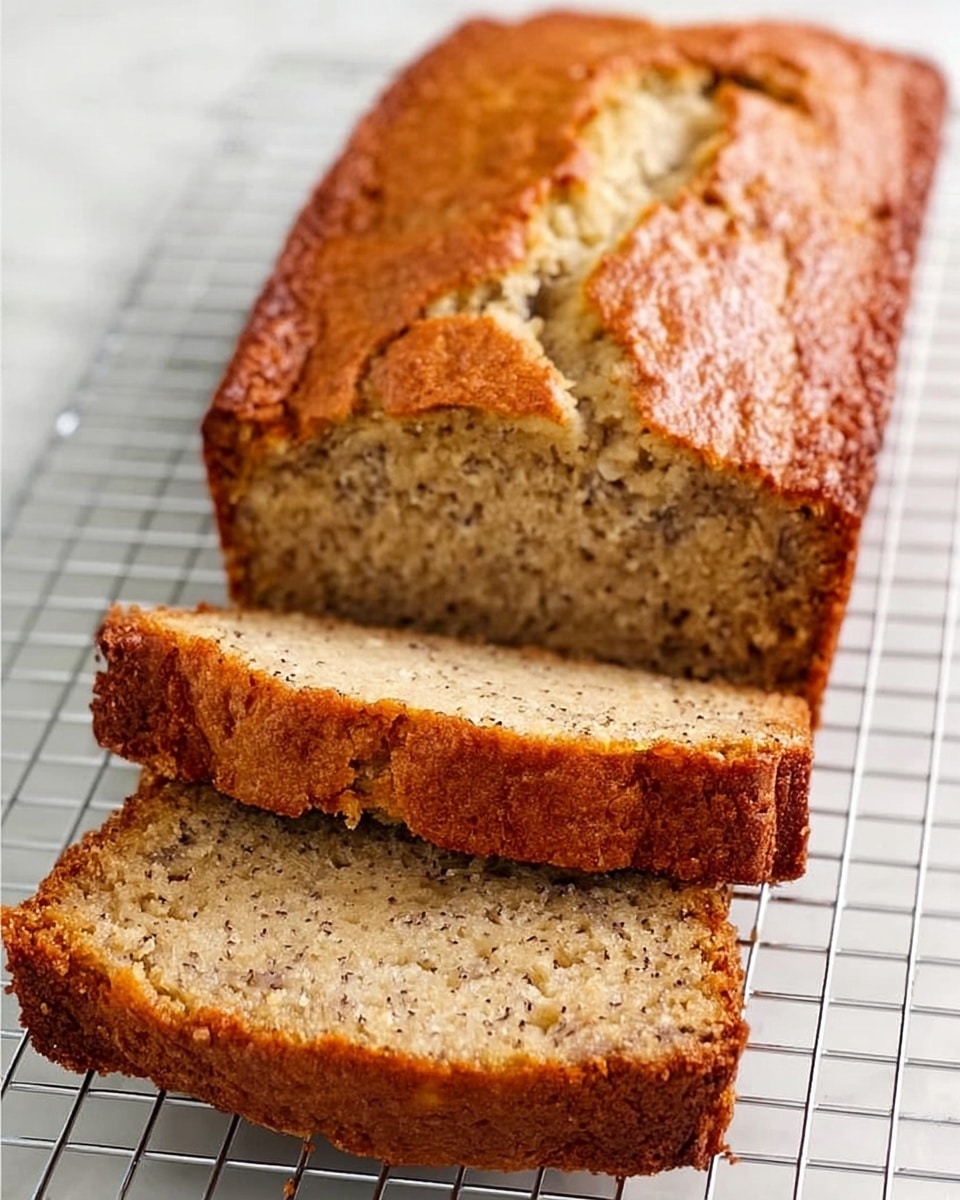 A close-up of three thick slices of poppy seed bread placed on a metal cooling rack over a white marbled surface. The bread has a golden-brown crust with a slightly darker edge and a light yellow inside filled with many tiny black poppy seeds evenly spread throughout each slice. The texture looks soft and moist with some crumb details visible. The background is blurred with cool grey tones, putting focus on the bread. Photo taken with an iphone --ar 4:5 --v 7