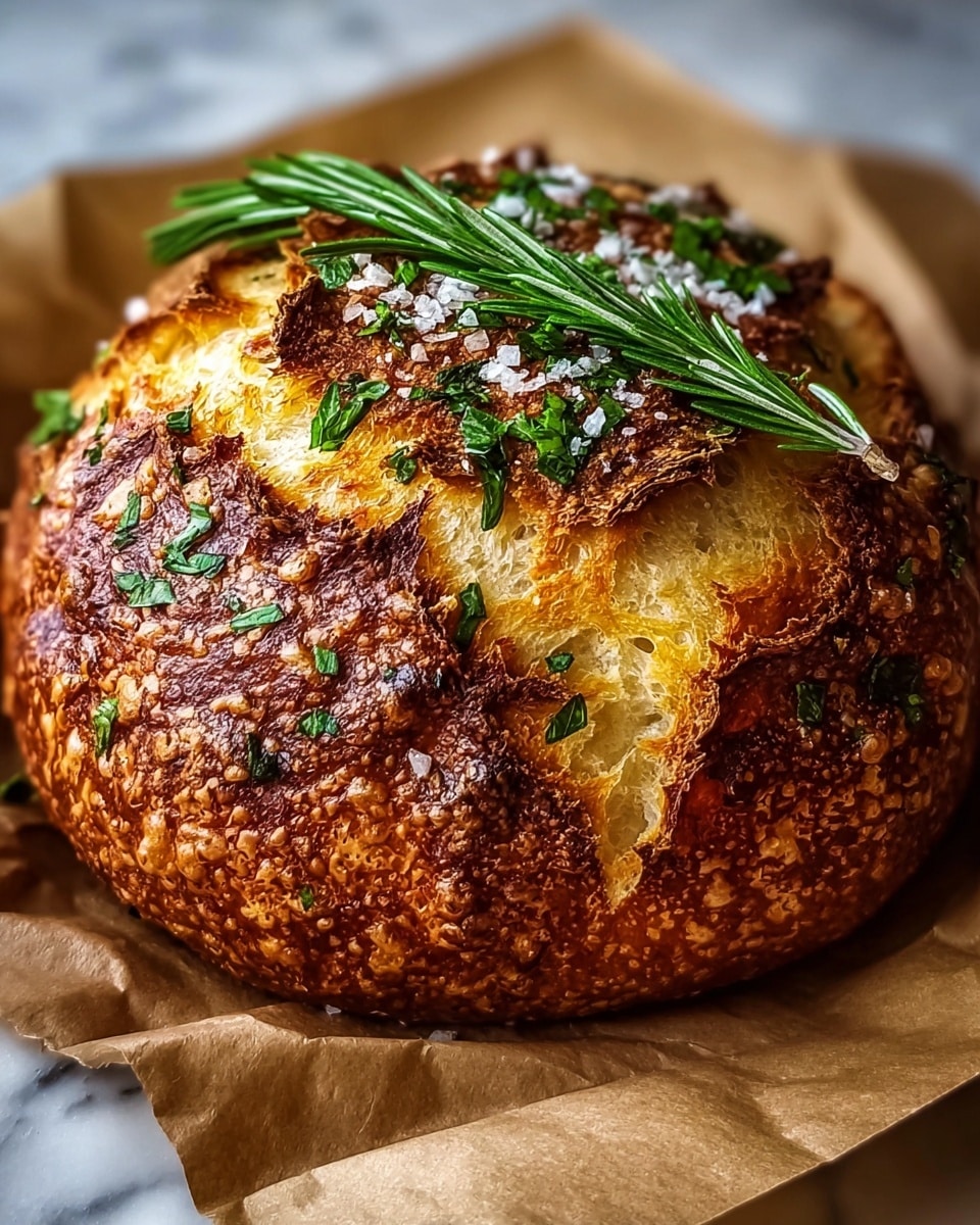 A round loaf of bread with a deeply browned, crispy crust topped with coarse salt and chopped green herbs, likely rosemary and parsley. The crust has a textured, bubbly surface with darker golden-brown patches and some cracked areas revealing a softer, light yellow interior. On top, a fresh green sprig of rosemary lies diagonally, adding a vivid contrast. The bread rests on crumpled brown parchment paper placed on a white marbled surface, providing a rustic and warm setting. Photo taken with an iphone --ar 4:5 --v 7