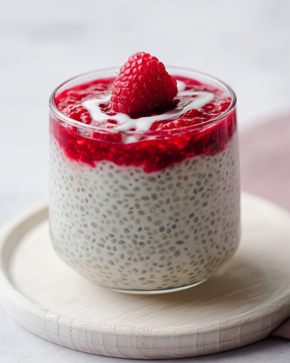 A transparent glass holds a two-layered dessert placed on a white round wooden board over a white marbled surface. The bottom layer is thick and creamy with visible tiny black chia seeds evenly mixed, giving a speckled light gray look. The top layer is a bright red raspberry sauce with a slightly chunky texture, topped with a single whole raspberry in the center and a little white cream drizzled on top. Photo taken with an iphone --ar 4:5 --v 7
