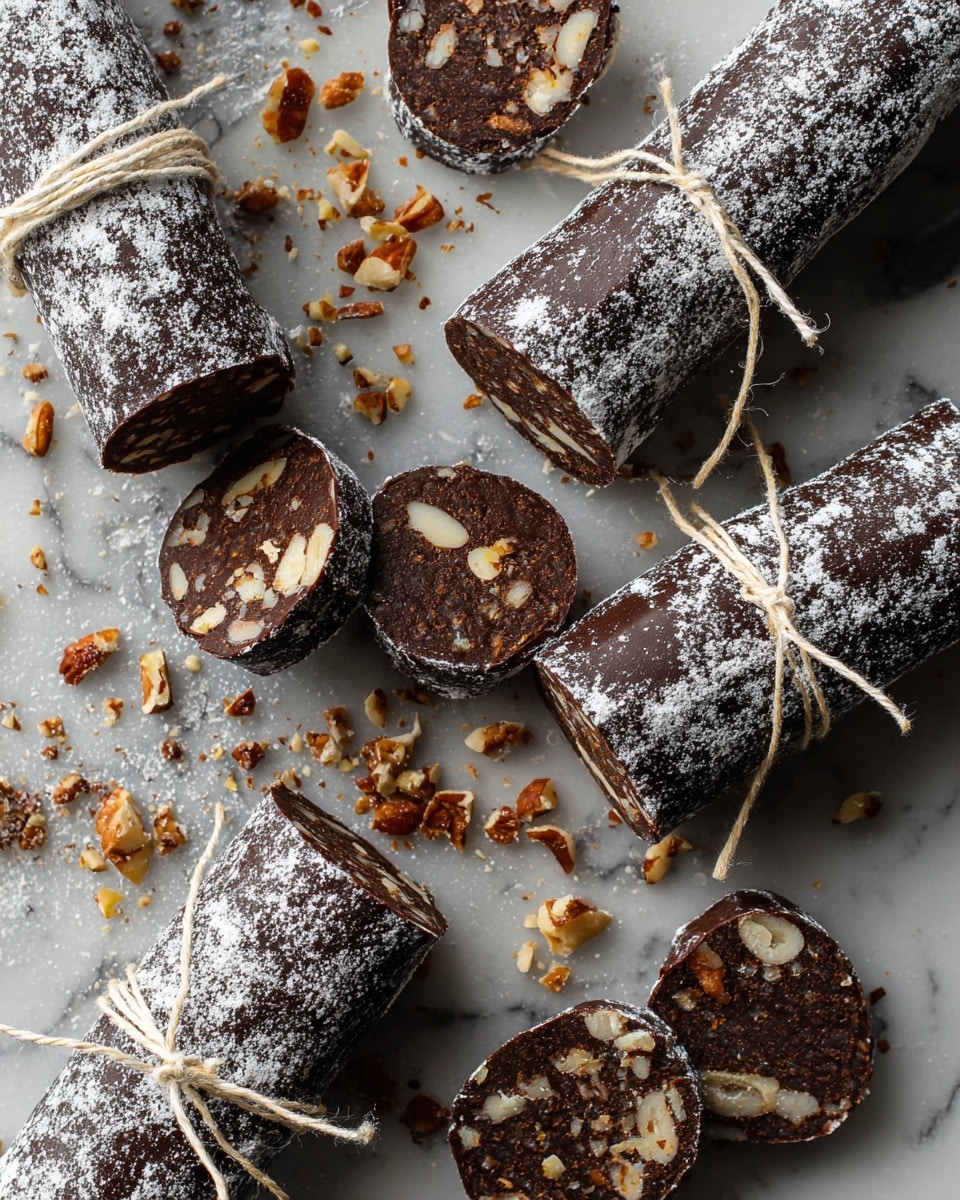 Several dark brown chocolate logs with white powder dusted on their surface and wrapped in cream-colored string are laid out on a white marbled texture. Some logs remain whole, while others have been sliced into round pieces revealing a speckled inside with light brown and cream nut fragments embedded in the chocolate. Crushed nut pieces are scattered around the logs on the surface, adding texture and color contrast. The overall look is rustic and inviting, highlighting the rich chocolate and nut textures. photo taken with an iphone --ar 4:5 --v 7