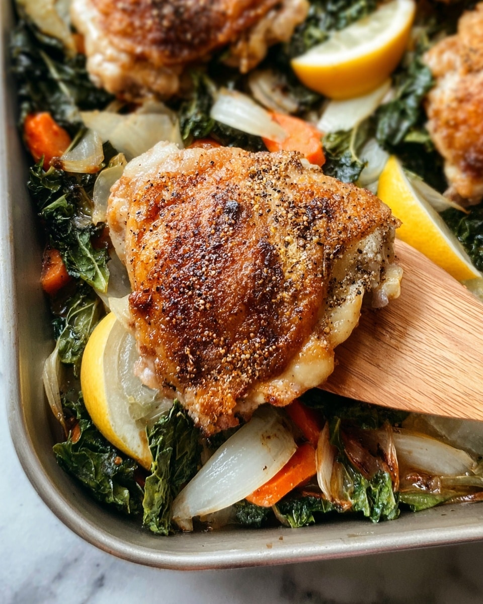 A close-up view of a cooked chicken thigh with a dark brown, crispy skin on top, resting on a bed of wilted dark green kale and thinly sliced translucent onions that have lightly browned edges. Around the chicken, there are small pieces of browned cauliflower and a bright yellow lemon wedge placed at the upper left corner, all laid on a white marbled surface. The textures show a contrast between the crunchy skin, soft cooked vegetables, and fresh lemon. Photo taken with an iphone --ar 4:5 --v 7