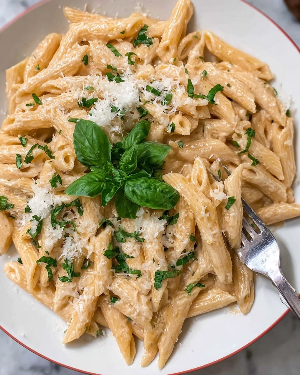 A close-up view of a white round plate filled with creamy penne pasta covered in a light beige sauce, evenly mixed throughout. The pasta is topped with a sprinkling of finely chopped green herbs and a layer of grated white cheese, and there is a small bunch of fresh green basil leaves in the center. A fork rests on the right side of the plate, partially lifting some pasta, and the plate sits on a white marbled surface. Photo taken with an iphone --ar 4:5 --v 7
