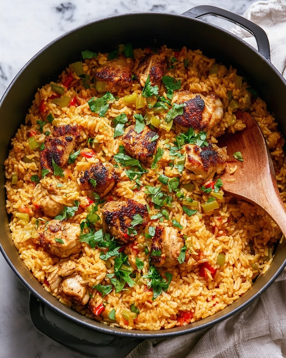 The image shows a single deep layer of cooked rice mixed with pieces of cooked chicken, green peas, and small bits of red bell pepper, all inside a round red pot with a gray interior. The rice is golden orange with a slightly oily texture, and the chicken pieces are chunky and light brown, scattered evenly on top and mixed in. Green peas add small pops of green color, and fresh cilantro leaves are sprinkled over the dish, adding a touch of bright green on the surface. The pot sits on a pale gray cloth, placed on a white marbled surface. Photo taken with an iphone --ar 4:5 --v 7