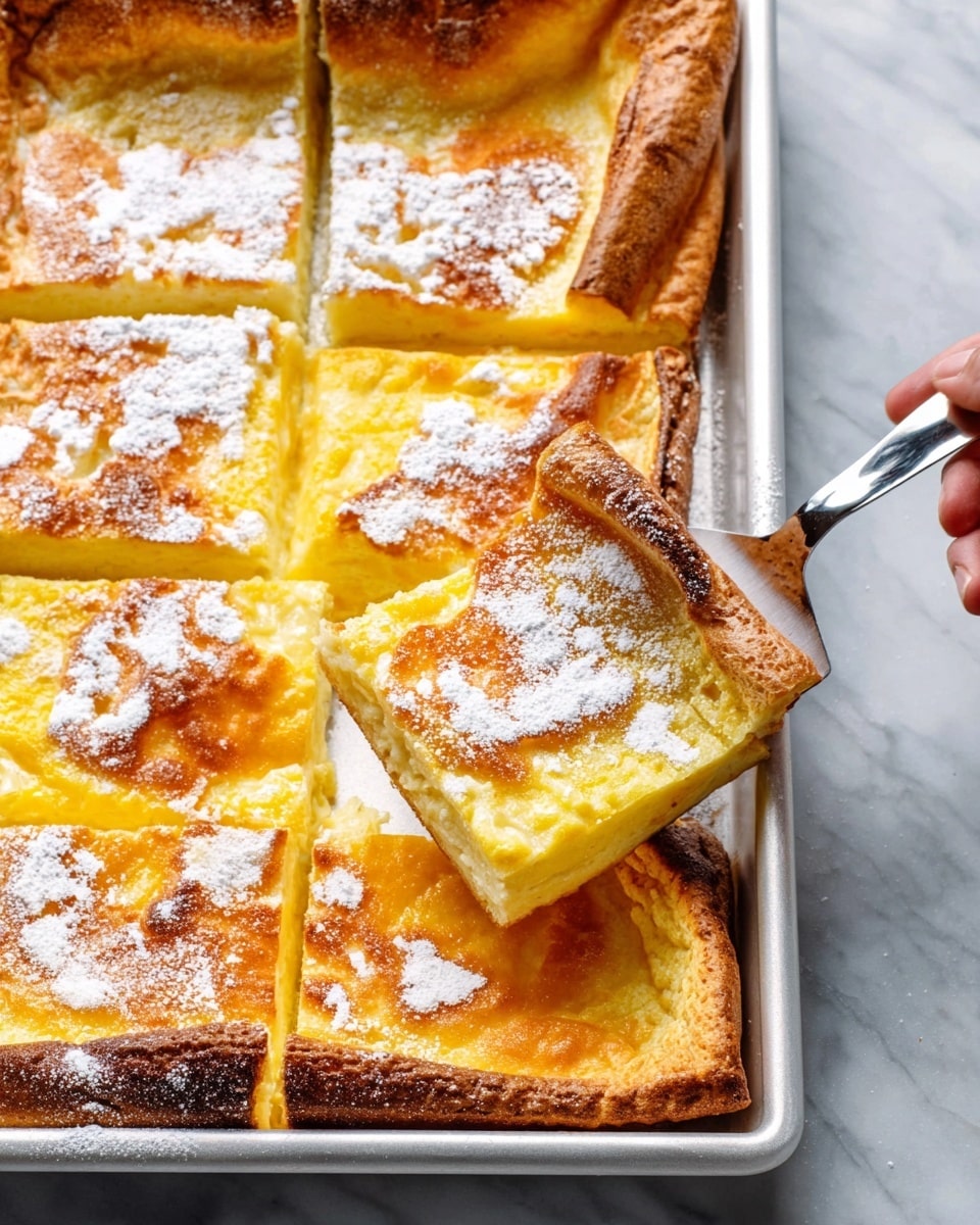 The image shows a rectangular baked Dutch baby pancake cut into six square pieces on a white baking tray. The pancake has a thick, puffy edge that is golden brown and slightly crispy with some darker spots. The inside is a bright yellow soft custard layer with some small bubbly textures on the surface. The top is dusted with a light layer of white powdered sugar. A woman's hand holds a metal spatula lifting the corner piece, showing its fluffy texture. The baking tray sits on a white marbled texture. Photo taken with an iphone --ar 4:5 --v 7