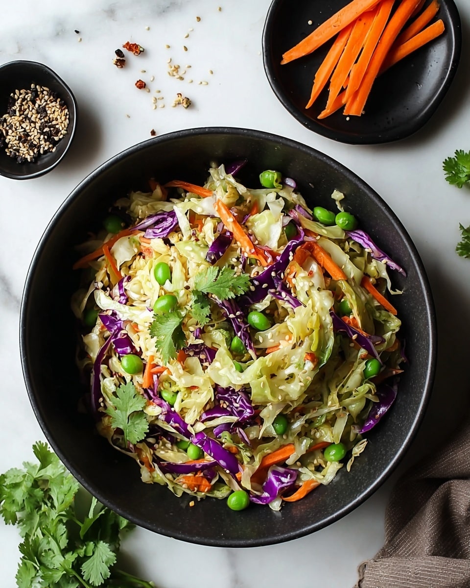 A black bowl filled with a colorful cabbage salad sits on a white marbled surface. The salad has three main layers of shredded cabbage: deep purple cabbage pieces, pale green cabbage leaves, and thin orange carrot strips mixed throughout. Bright green peas and scattered fresh green coriander leaves sit on top, adding pops of color. Around the bowl are small containers holding sesame seeds, carrot sticks, and fresh herbs. There is a woman’s hand with a wooden utensil on the left side of the image, and some loose black peppercorns and coriander leaves are spread on the marbled surface near the bowl. photo taken with an iphone --ar 4:5 --v 7