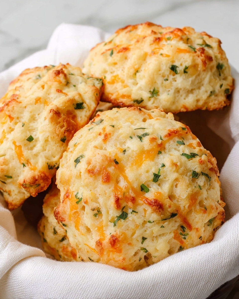 The image shows a close-up of four freshly baked scones on a baking sheet lined with a brown silicone mat. Each scone has a rough, uneven texture with a light golden brown crust on top and visible bits of green herbs and orange cheese scattered throughout the creamy off-white dough. A blue silicone brush coated with melted butter is spreading the shiny glaze on the closest scone’s textured surface. The background is a white marbled texture. photo taken with an iphone --ar 4:5 --v 7