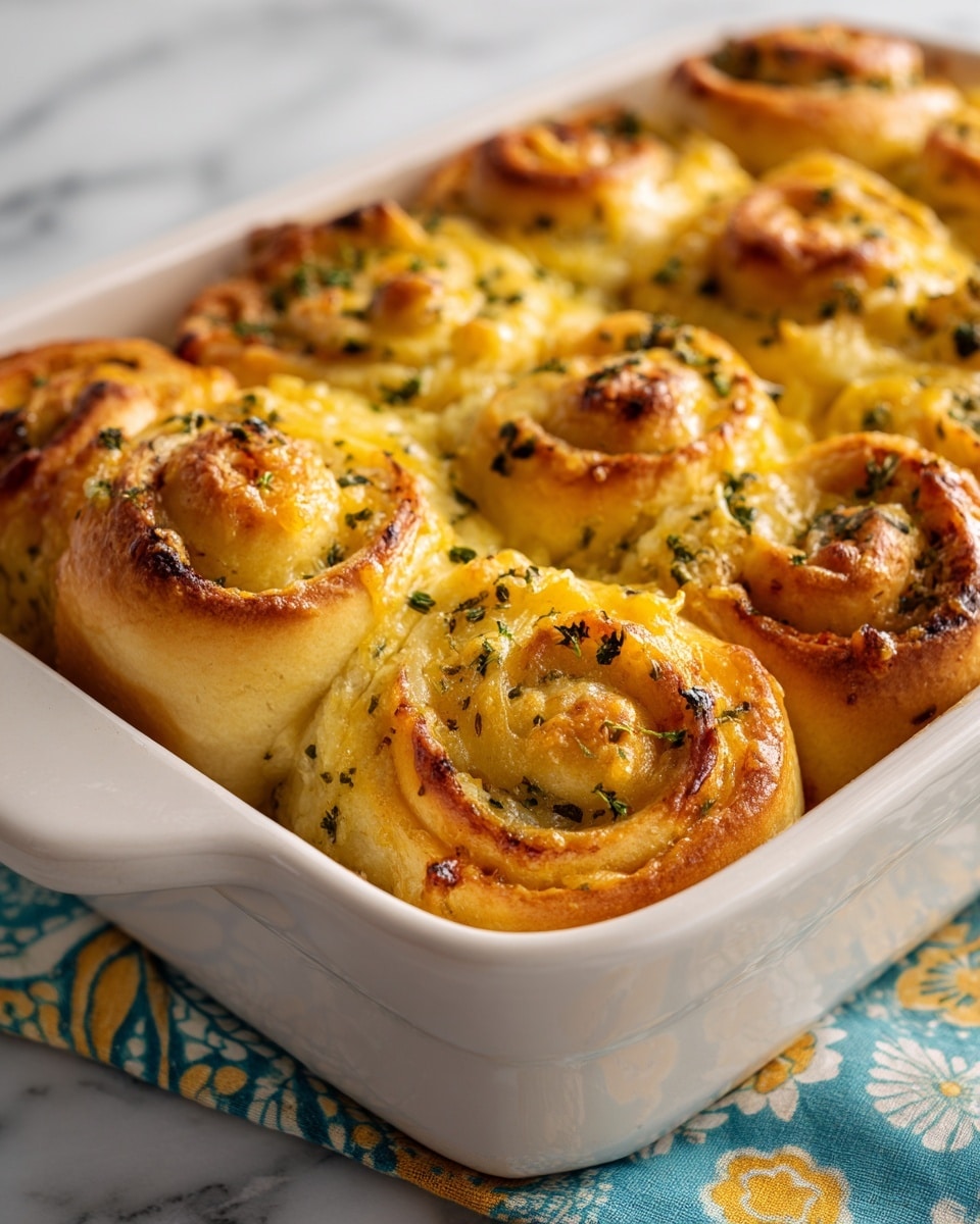 A close-up view of a white baking dish filled with golden-brown cheese rolls arranged side by side, each roll showing two visible spiral layers: a soft, light yellow dough outer layer with a shiny, slightly crispy texture and an inner layer of melted cheese mixed with small green herb bits. The edges of the rolls are browned and slightly puffed, giving a warm and fresh-baked look. The dish rests on a white marbled surface with a blue and yellow patterned cloth partially visible underneath. photo taken with an iphone --ar 4:5 --v 7