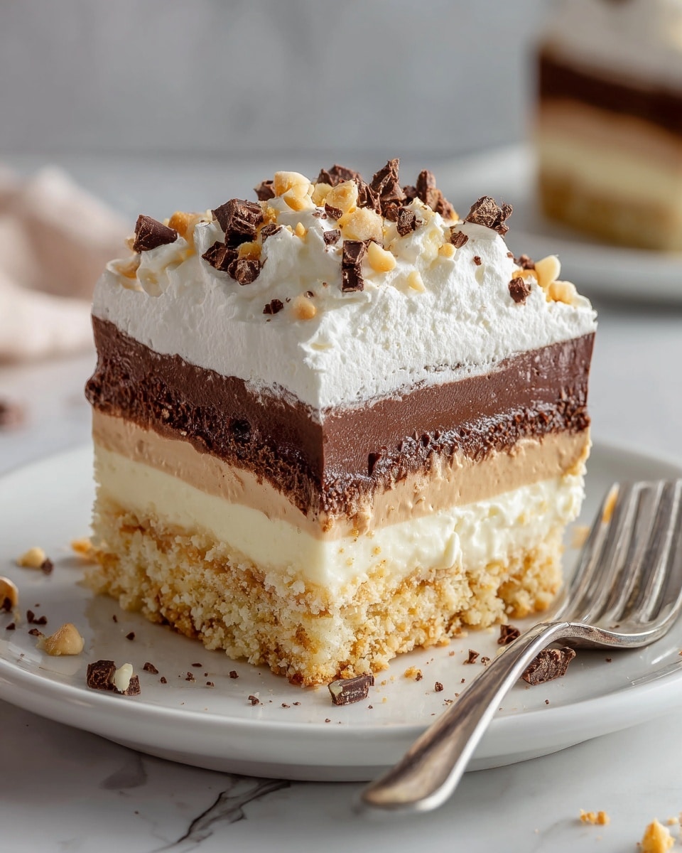 A rectangular white baking dish holds a dessert cut into squares, with one square slightly pulled out showing three layers: a light golden crumbly biscuit base, a smooth and thick dark chocolate layer in the middle, and a thick white creamy top layer sprinkled with crushed nuts and small chunks of chocolate. The surface under the dish is a white marbled texture. A metal spatula with a wooden handle lies beside the dish with some crumbs on it. Photo taken with an iphone --ar 4:5 --v 7