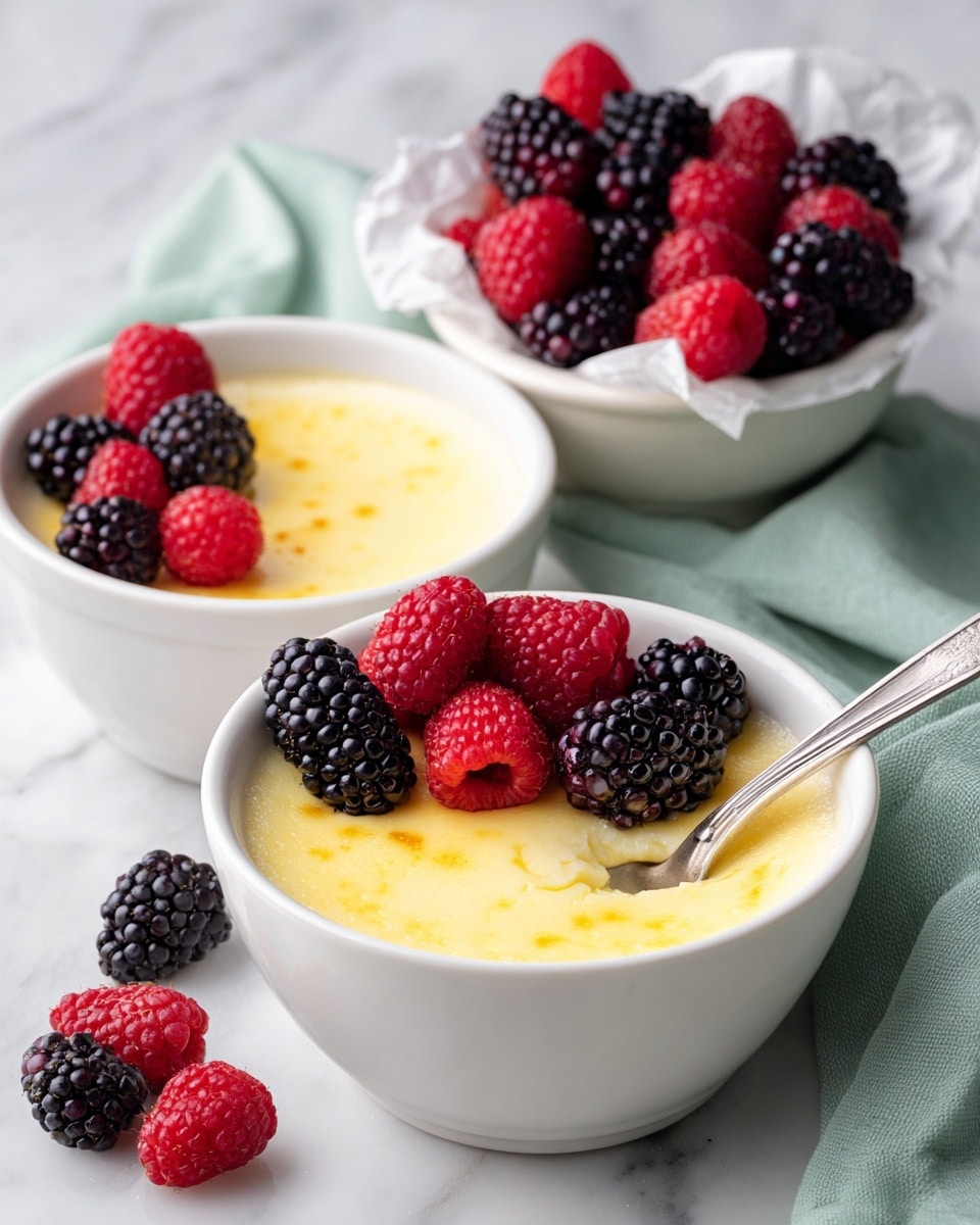 The image shows two white bowls of creamy custard dessert with a slightly browned top layer. Each bowl has a thick, smooth yellow custard layer on top with a soft, white creamy layer beneath. Red raspberries and black blackberries are placed alongside and partially on the custard in both bowls, adding bright and dark contrast. One bowl has a silver spoon resting inside, partly covered by the custard and berries. Above the bowls is a white bowl lined with white paper, filled with fresh raspberries and blackberries. A soft green cloth lies beside the bowls on a white marbled texture surface. Photo taken with an iphone --ar 4:5 --v 7