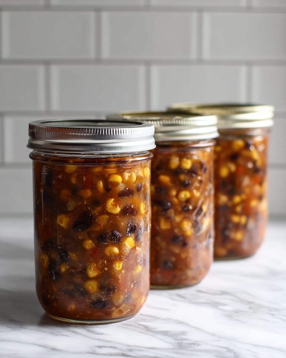 Three tall glass jars with silver metal lids are filled with a thick, chunky mixture. The mixture has visible layers including bright yellow corn kernels, dark beans, and reddish chunks, all suspended in a rich brown sauce. The jars are placed side by side on a white marbled surface, with a simple white tiled wall in the background. The jars are tightly sealed and the texture inside looks hearty and dense. photo taken with an iphone --ar 4:5 --v 7