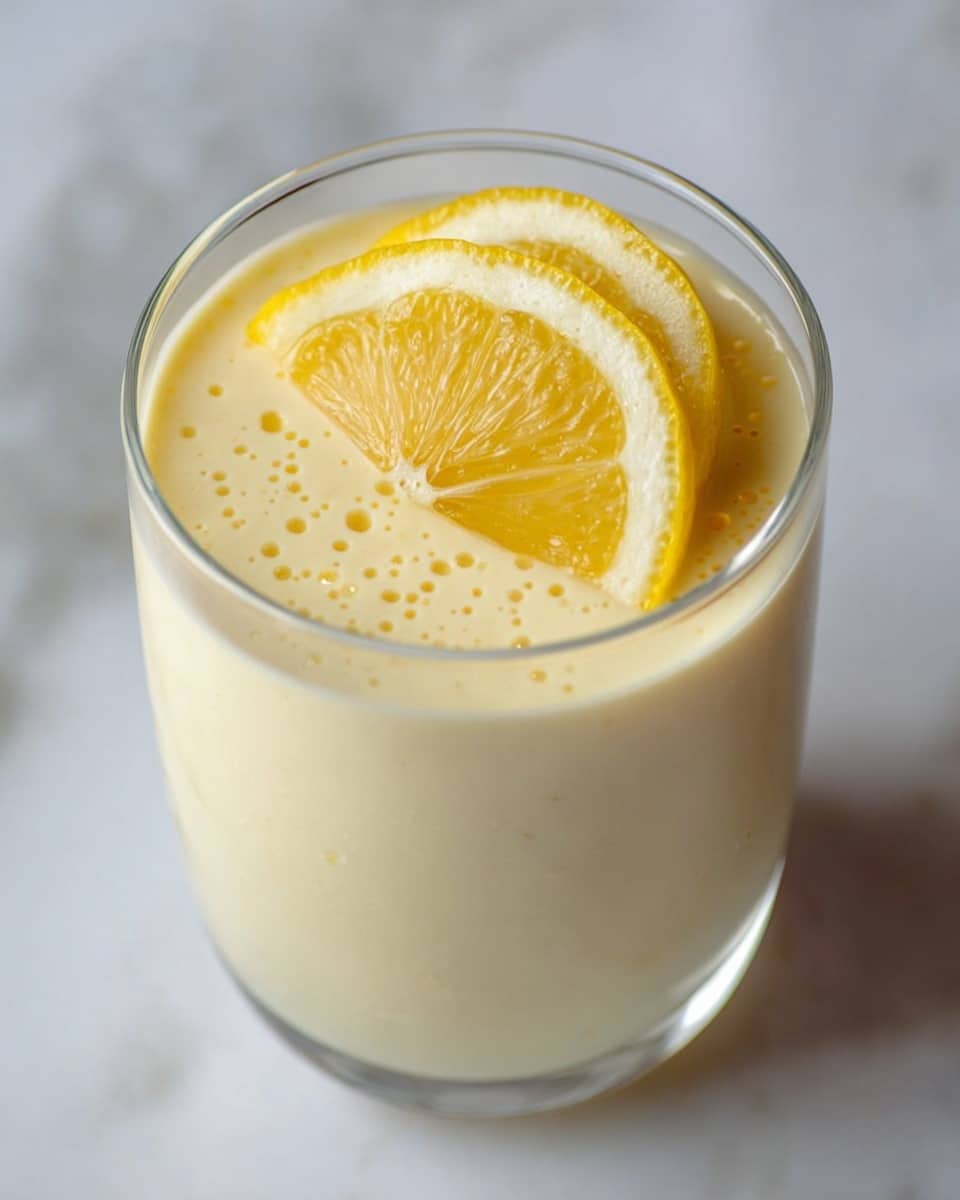 A clear glass filled with a creamy, pale yellow lemon mousse has a smooth texture with tiny bubbles on the surface. On top, there are two thin lemon slices layered slightly over each other, showing their bright yellow rind and translucent inner flesh. The glass is set on a white marbled surface that provides a clean, soft background. Photo taken with an iphone --ar 4:5 --v 7
