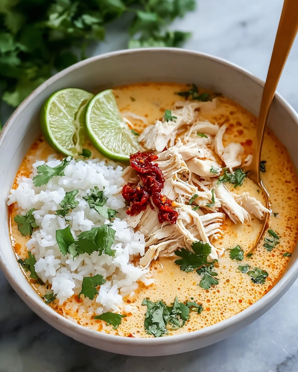 A bowl of creamy orange soup with visible red chili oil on the surface, filled with a few slices of white cooked chicken breast on one side, and a portion of fluffy white rice on the other; fresh green cilantro leaves are scattered on top along with two bright green lime wedges placed near the chicken; a wooden spoon is partially submerged in the soup, resting inside the bowl, which sits on a white marbled surface. photo taken with an iphone --ar 4:5 --v 7