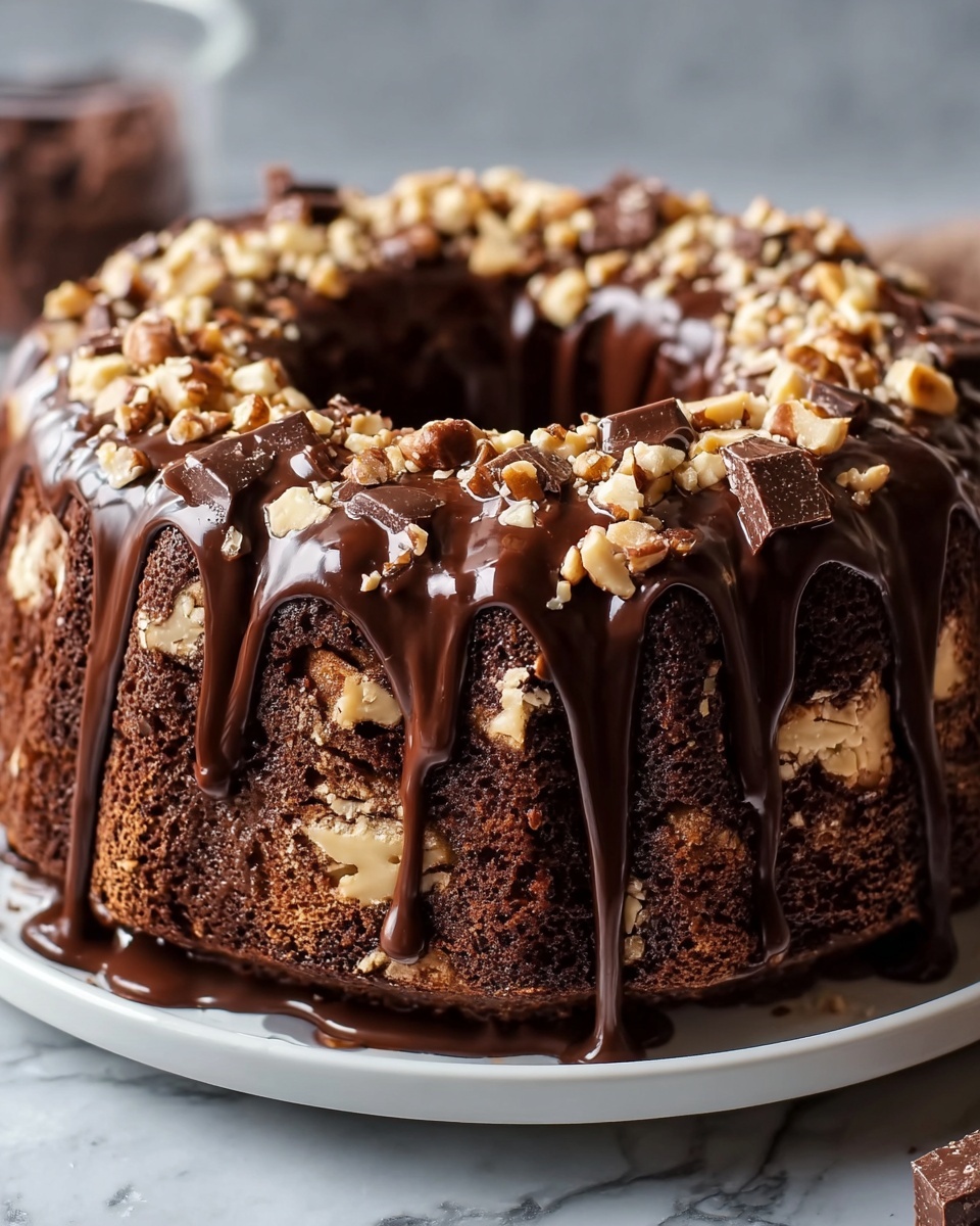 A thick, round bundt cake with a rich, dark brown color, studded generously all around with light tan chopped nuts and chunks of dark chocolate embedded in the dense texture. The cake is topped with a glossy layer of smooth chocolate glaze that cascades down the sides in thick drips, covering the top and partially coating the sides. The cake sits on a white plate with a simple design, set against a white marbled textured background that adds a clean and bright contrast to the deep browns of the cake. photo taken with an iphone --ar 4:5 --v 7