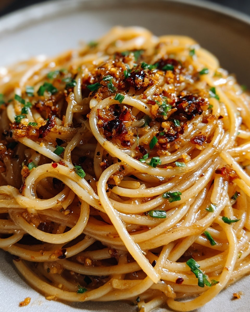 A close-up view of a plate of spaghetti, showing a single layer of noodles coated in a glossy reddish-brown sauce mixed with small bits of dark red chili flakes and finely chopped green herbs sprinkled on top. The spaghetti strands are twisted loosely, with a slightly oily texture catching the light, dotted with small seeds and black pepper bits. The dish is served in a white plate resting on a white marbled surface. photo taken with an iphone --ar 4:5 --v 7