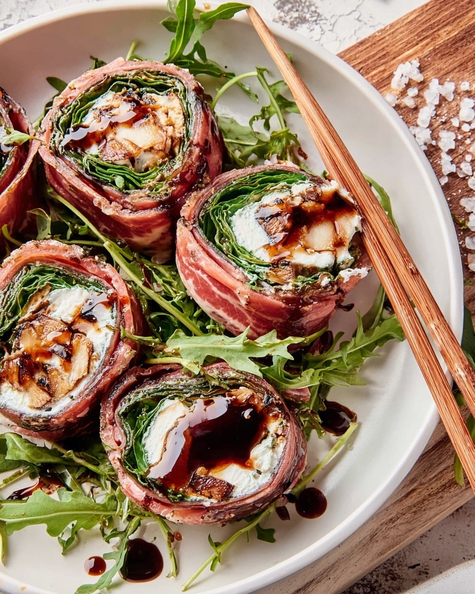 The image shows several rolled wraps on a white speckled plate, each with about four visible layers: an outer pinkish layer of thin cured meat, a layer of fresh green leafy arugula, a creamy white cheese filling, and smaller bits of deep reddish-brown sun-dried tomatoes. The wraps are drizzled with a dark, glossy balsamic glaze that adds shine and contrast. Around the rolls, loose arugula leaves spread on the plate and the plate sits on a white marbled surface with coarse salt scattered nearby. Two light wooden chopsticks rest on the plate's edge. Photo taken with an iphone --ar 4:5 --v 7