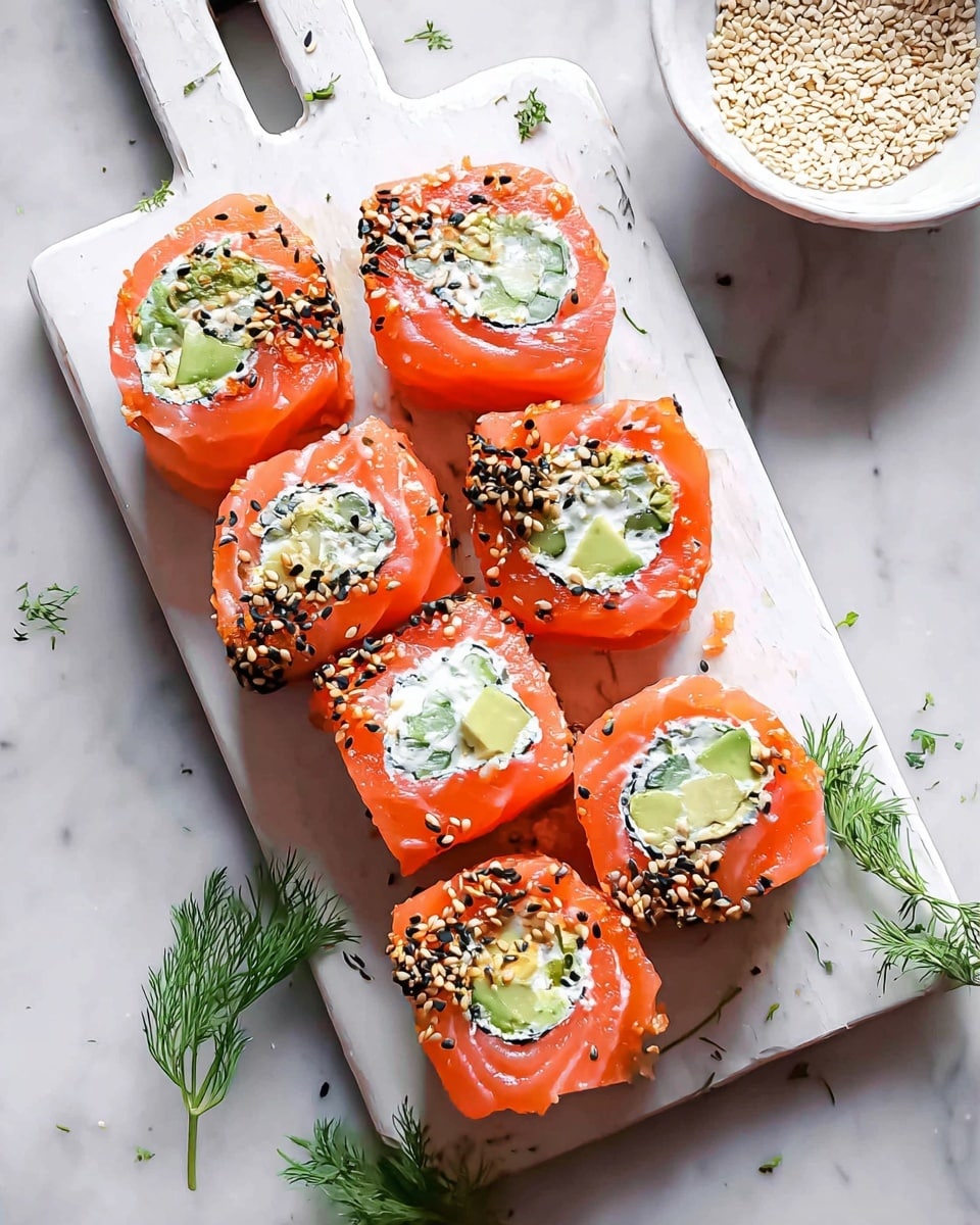 The image shows eight pieces of sushi rolls arranged on a white rectangular cutting board with a handle hole on the top left side. Each sushi piece has an outer layer of bright orange salmon sprinkled with black and white sesame seeds. Inside the rolls, there is a creamy white layer with chunks of pale green avocado and cucumber visible. The texture of the salmon looks smooth and glistening, while the filling appears soft and fresh. The cutting board is placed on a white marbled surface, with small sprigs of fresh green dill scattered around. In the top right corner of the image is a white bowl filled with white sesame seeds. Photo taken with an iphone --ar 4:5 --v 7
