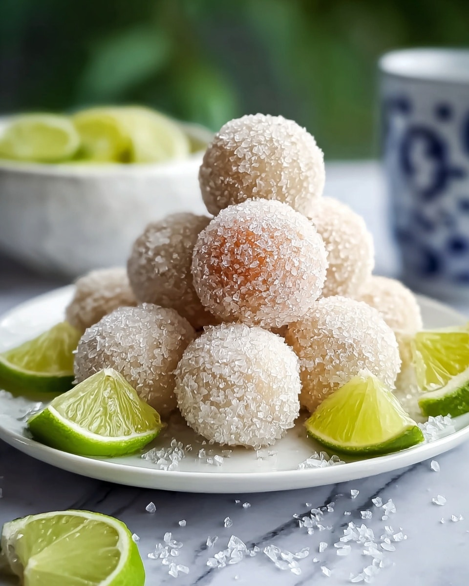 A white plate with a blue patterned rim holds a pyramid stack of nine round balls covered in coarse white sugar crystals. The balls have a light tan color with one showing a bit of reddish-brown underneath the sugar. Around the balls, there are bright green lime wedges placed on the plate and some sugar crystals scattered around. In the background, a small white bowl contains lime wedges, set on a flat surface with a white marbled texture and blurred green outdoor scenery behind. photo taken with an iphone --ar 4:5 --v 7