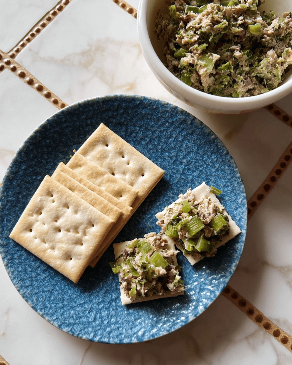 A close-up view of a white bowl filled with a mixed salad that has about one visible layer. The salad contains small chunks of light pink fish or chicken, mixed with bright green leafy herbs and capers, giving it a chunky and moist texture. The bowl has blue printed text around the inner rim, and it is placed on a white marbled surface with a pattern of small beige squares. Photo taken with an iphone --ar 4:5 --v 7