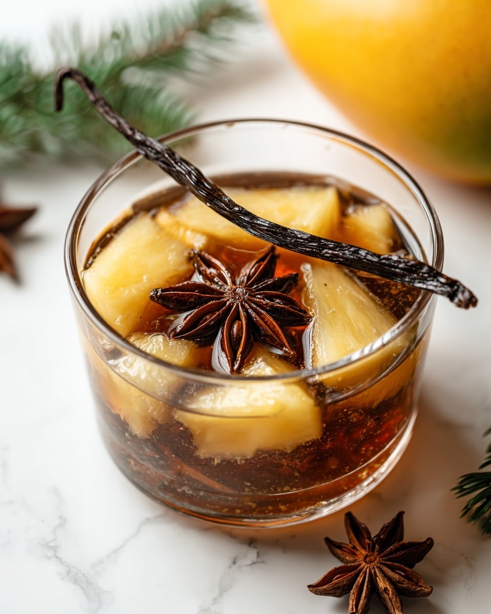 A clear glass cup filled with a warm golden-brown liquid, inside it are several light yellow pear chunks, dark brown cinnamon sticks, a long dark vanilla bean pod, and a brown star anise floating on top. The spices and fruit pieces create layers inside the glass with a mix of textures: smooth juicy pear, rough cinnamon sticks, and the star-shaped anise. The glass is placed on a white marbled surface with star anise scattered around and a blurry green pine twig on the right side in the background. photo taken with an iphone --ar 4:5 --v 7