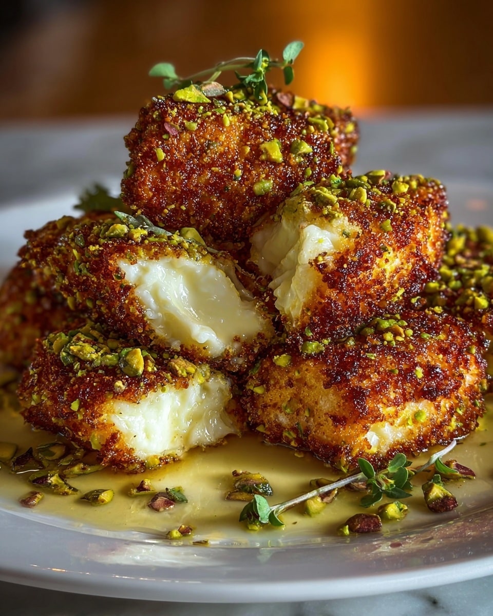This image shows several pieces of fried cheese arranged in a small stack on a white plate with a simple design. Each piece has a golden-brown crust that looks crispy and is covered with small green bits, likely crushed pistachios, adding texture and color. The inside of each piece is soft and white, showing the melted cheese. Small green herb sprigs, likely thyme, are placed on top and around the cheese, giving a fresh look. The plate sits on a white marbled surface, and the overall lighting highlights the rich colors and textures of the dish. photo taken with an iphone --ar 4:5 --v 7