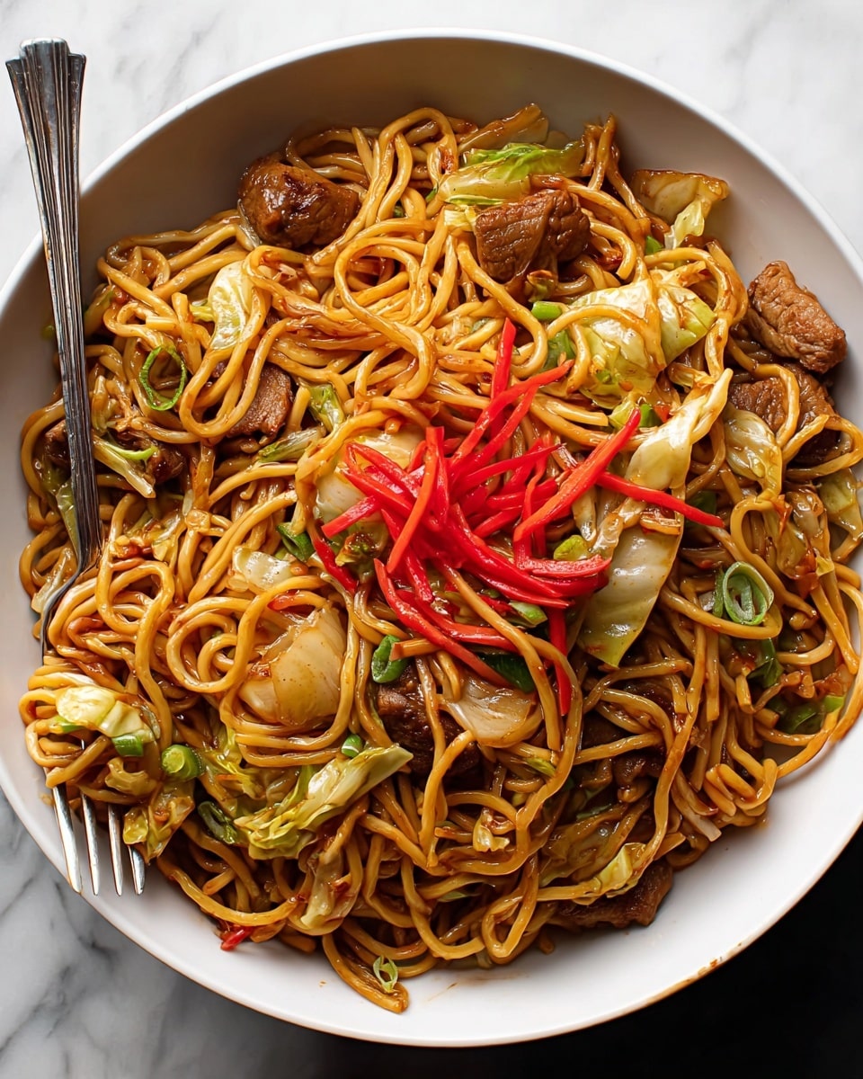 A white bowl filled with cooked yellow noodles mixed with pieces of light brown cooked pork, green onion stalks, white and slightly browned onion slices, dark brown mushrooms, and thin strips of bright red pickled ginger, topped as a fork lifts a cluster of glossy noodles and vegetables. The noodles and vegetables have a shiny, slightly oily texture, and the scene is set on a white marbled surface. Photo taken with an iphone --ar 4:5 --v 7