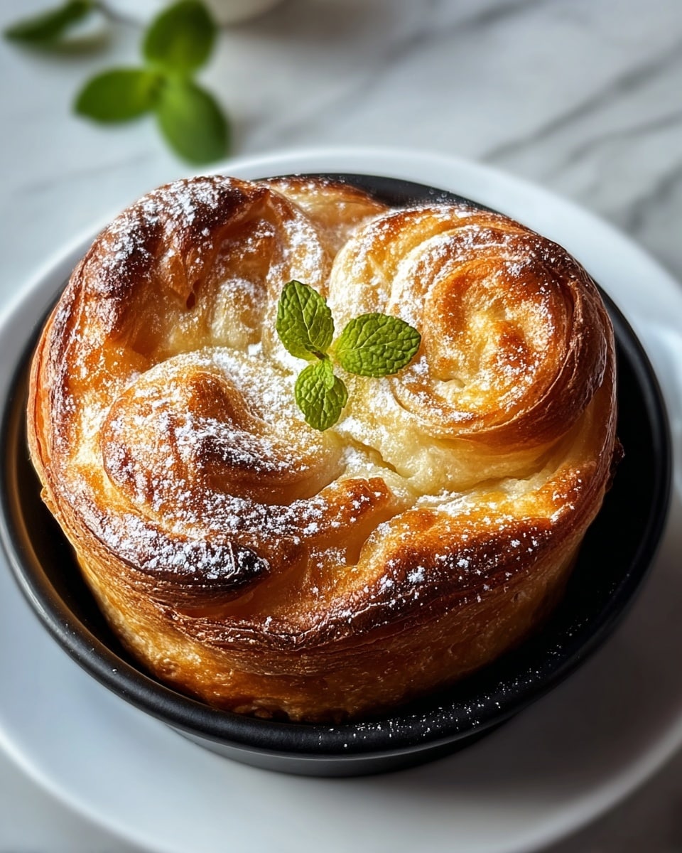 The image shows a close-up of a golden-brown pastry with a flaky texture and a three-part swirl shape. Each swirl has layers of light golden and darker toasted brown, with a dusting of white powdered sugar on top. Two small green mint leaves sit in the center of the pastry, adding a touch of fresh green color. The pastry is placed on a small black dish, which sits on a white plate with a clean, smooth surface. The background has a white marbled texture, softly blurred to keep focus on the pastry. photo taken with an iphone --ar 4:5 --v 7