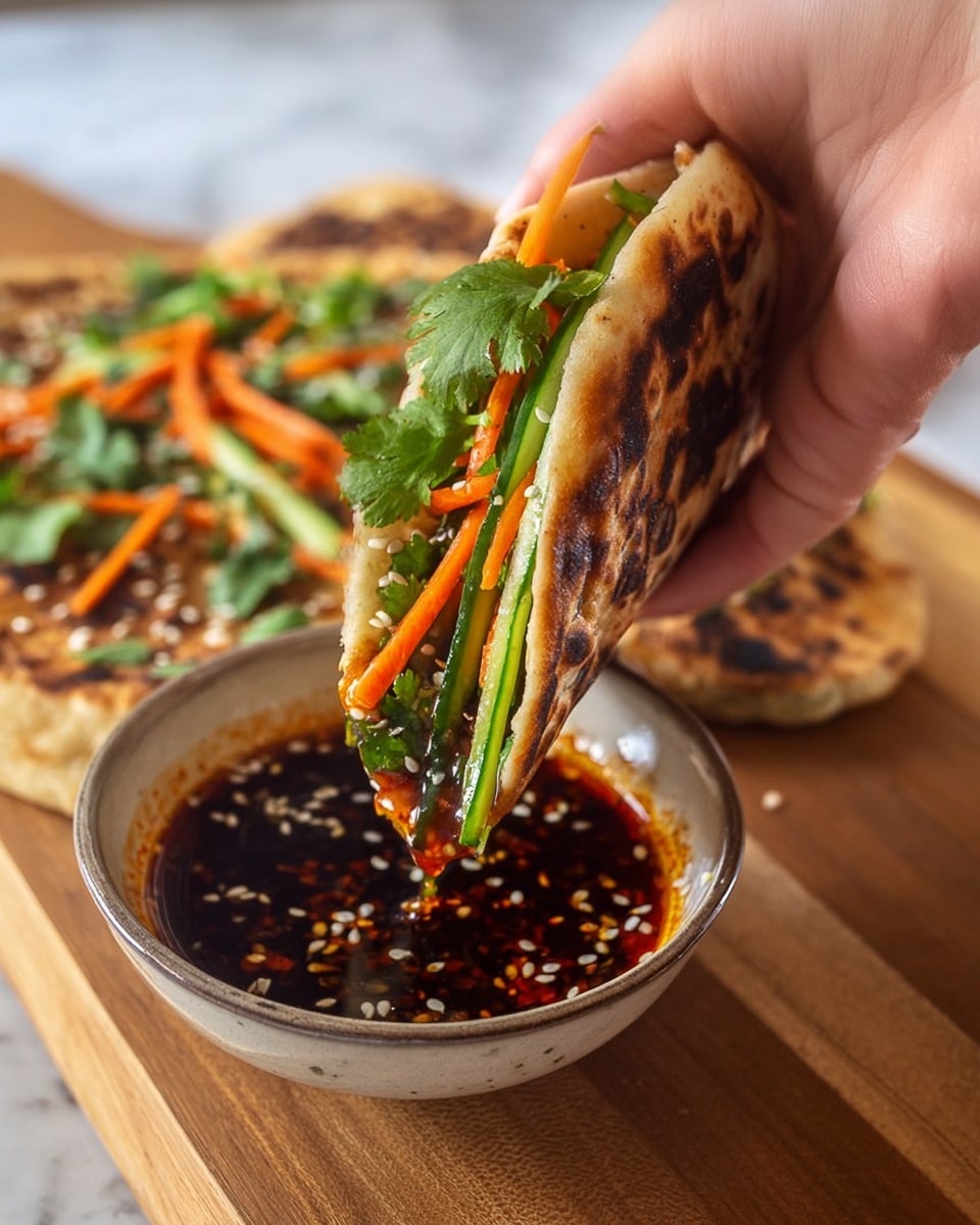 Two small round flatbreads sit on a wooden board, each with a crispy, unevenly browned surface showing green herbs baked into the dough. On top of the flatbread in front, there is a colorful layered topping of fresh vegetables: thin, bright orange carrot strips, vibrant green scallions cut into rings, and fresh cilantro leaves. The toppings are scattered with white sesame seeds and some glossy, dark chili flakes adding texture and heat. The flatbreads have a light, puffy edge with slight charring, giving a rustic homemade look. photo taken with an iphone --ar 4:5 --v 7