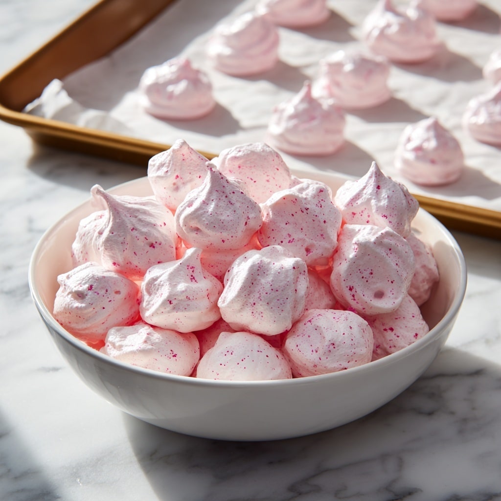 A woman's hand holding a pink piping bag is squeezing small dollops of bright pink batter onto a large silver baking tray lined with white parchment paper. The dollops are evenly spaced in neat rows, each round and smooth, with a soft texture that looks slightly airy. The tray sits on a white marbled surface that adds a clean, bright contrast to the rich pink color of the batter. photo taken with an iphone --ar 4:5 --v 7