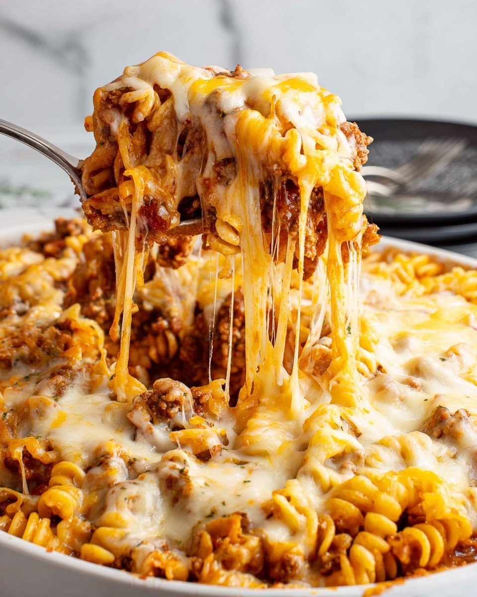 The image shows a close-up of a large serving of baked pasta on a white marbled surface, with twisted wide noodles mixed with chunky ground meat and bits of green herbs. The pasta is coated in a rich red tomato sauce and melted cheese that stretches in long strands as a spoon lifts a portion from the main dish. In the background, a clear glass baking dish holds the remaining pasta, showing a baked top layer with browned cheese and sauce spots. There are two clear glasses of water next to the dish. The colors are warm with orange-red sauce, golden-brown meat, and creamy white cheese glistening under soft natural light. photo taken with an iphone --ar 4:5 --v 7