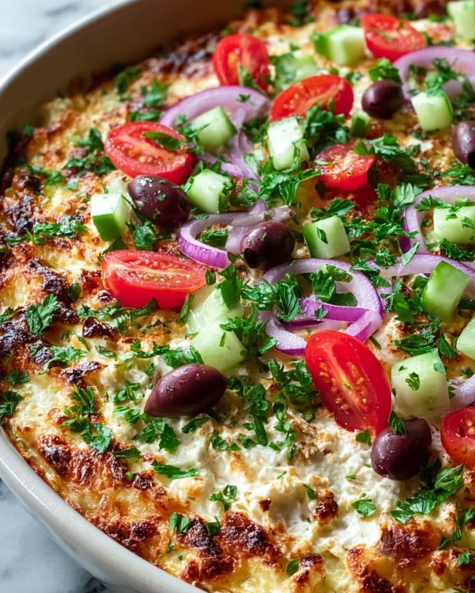 A close-up of a white dish filled with a baked casserole that has a golden-brown crispy top layer of melted cheese, with visible pieces of shredded cauliflower underneath. On top, there is a layer of creamy white sauce sprinkled generously with chopped fresh green parsley, small diced cucumber, halved red cherry tomatoes, sliced red onions, and whole dark purple olives, creating bright color contrasts. The surface is lightly dusted with paprika or another red spice, adding texture and color depth, all set against a white marbled texture background. photo taken with an iphone --ar 4:5 --v 7
