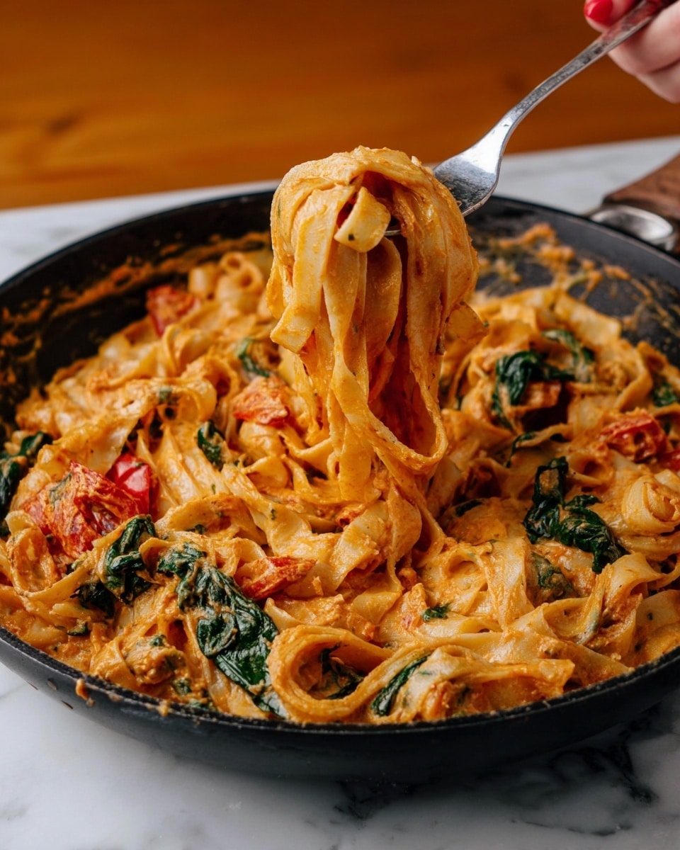 The image shows a pan filled with pasta cooked in a creamy sauce. The pasta is light orange and ribbon-shaped, tangled well together. Mixed in the pasta are bright red and orange cherry tomatoes, some whole and some split, adding vibrant color. There are also fresh green spinach leaves scattered throughout, lightly cooked but still bright. The creamy sauce has a smooth texture and a light orange tone that coats everything evenly. The pan is black and sits on a dark stove, with steam rising from the hot dish. photo taken with an iphone --ar 4:5 --v 7