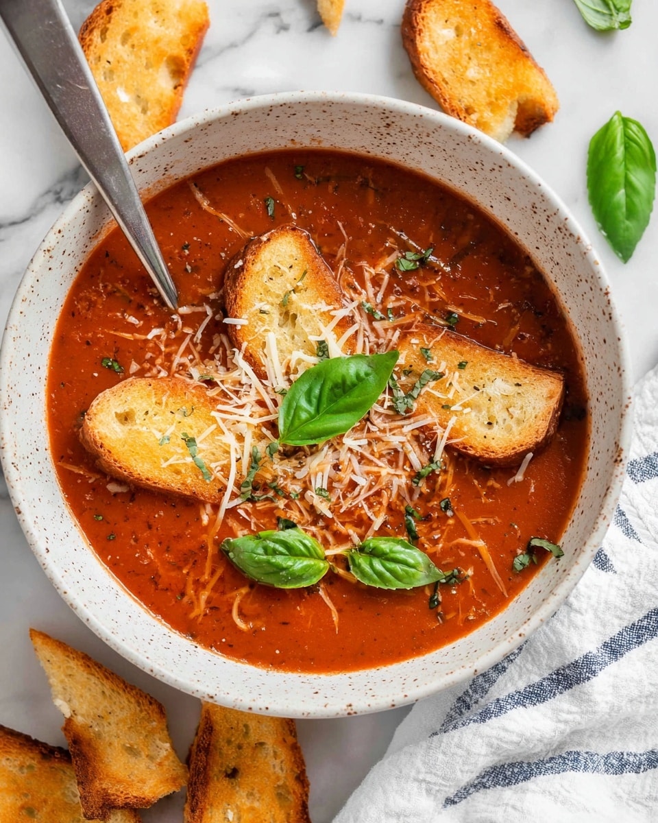 A white bowl with black speckles is filled with thick, deep red tomato soup that has a slightly chunky texture. On top, there is a layer of thin, light yellow shredded cheese scattered in the center, garnished with two fresh bright green basil leaves. Around the edges, four golden-brown toasted bread pieces are partially dipped into the soup, adding a crispy texture contrast. A silver spoon is placed inside the bowl on the left side. In the background, more toasted bread slices rest casually on a white marbled surface, with a blue and white striped cloth partially visible on the right side. photo taken with an iphone --ar 4:5 --v 7